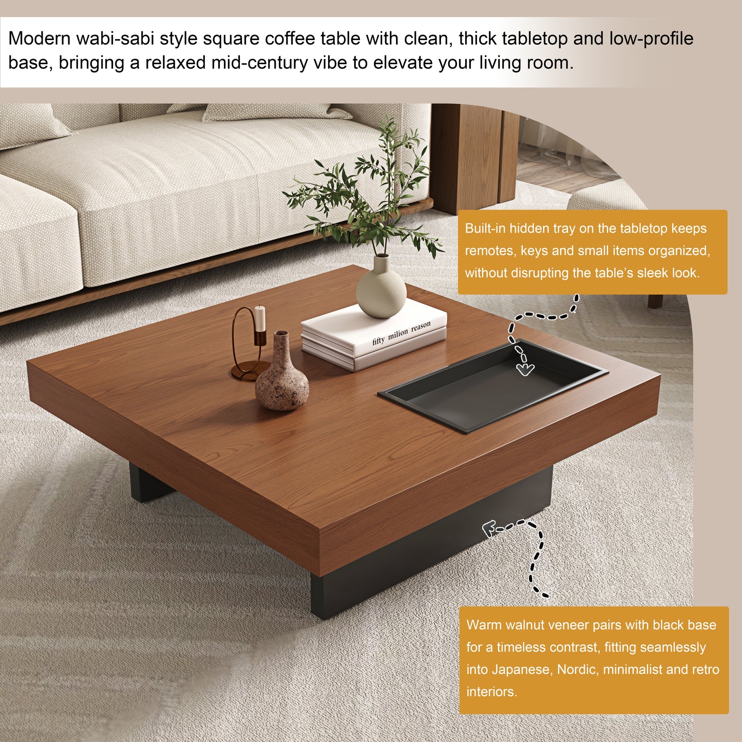 Square Low Coffee Table｜35.43" Hidden Tray, Scratchproof Wood Grain