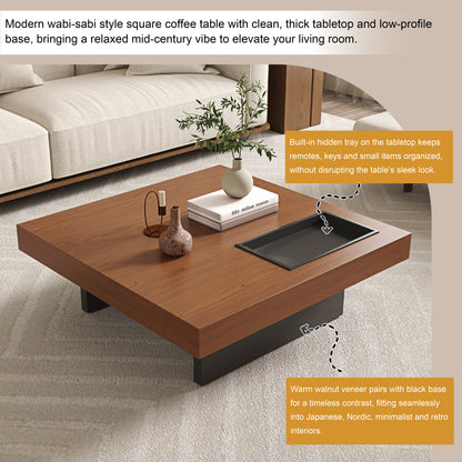 Square Low Coffee Table｜35.43" Hidden Tray, Scratchproof Wood Grain