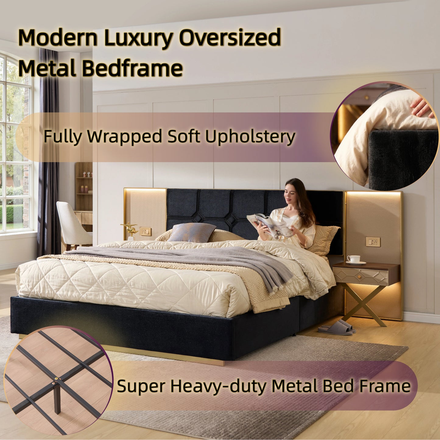 Wide Floor Upholstered Velvet Bed with Side LED Ambient Lighting