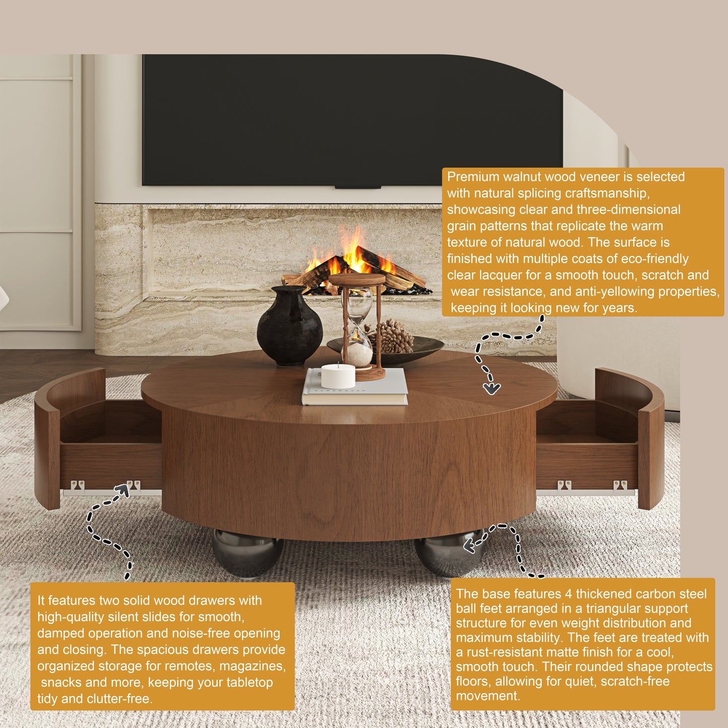Walnut Coffee Table with Drawers | 35.4" Dual Silent Drawers