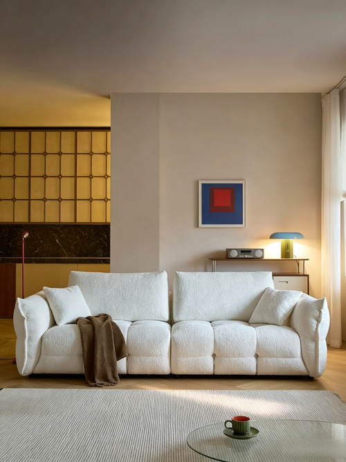 110.24" Chenille Sofa Cloud-Feel Couch, Modern Comfy Sofa Deep Seat Couch with Solid Wood Frame, Soft Plush Loveseat for Living Room, Office, Bedroom, Cream White