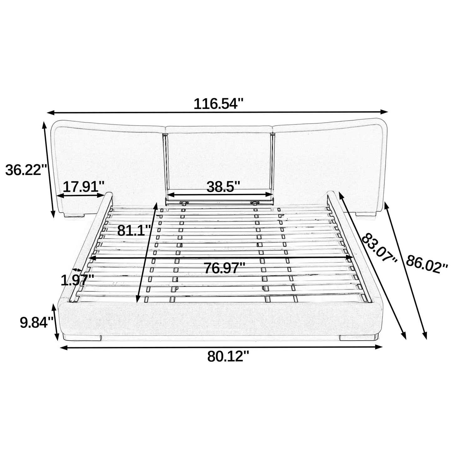 3-Panel Curved Platform Bed Gold Strips Low Profile Wood Slats Luxury Assembly