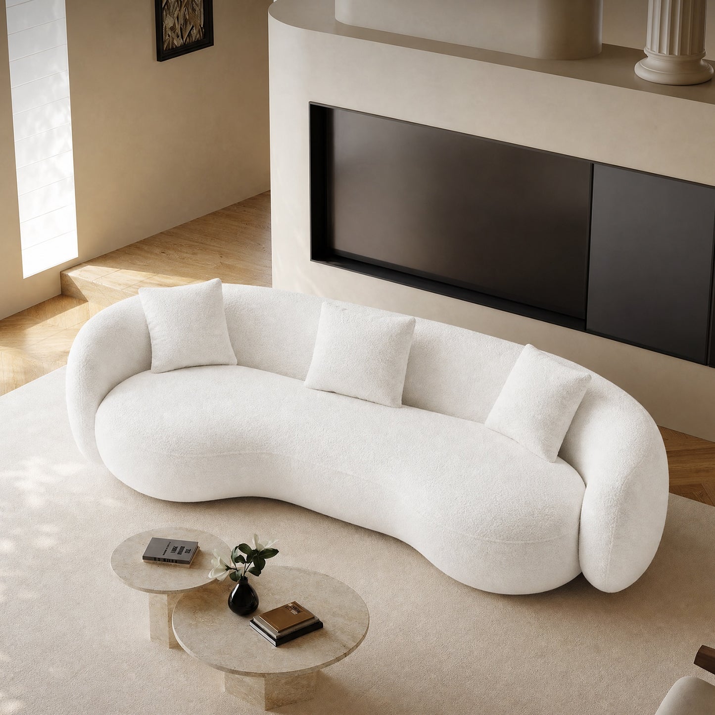 White Boucle Fabric 93.6" 3-Seater Sofa – Lounge Sleeper with Solid Wood Framem,No assembly required.