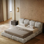 Queen Size Upholstered Grounded Bed with Linen Thick Headboard and Footboard, Block Style, No Spring Box Needed