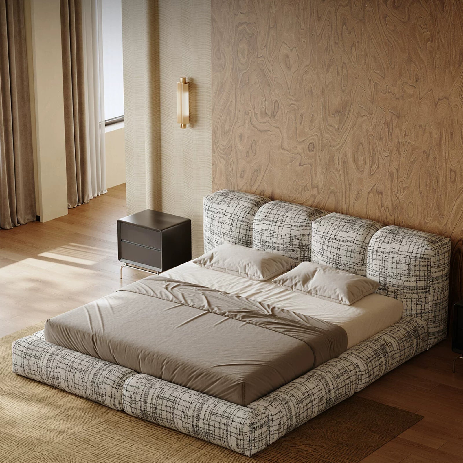 Queen Size Upholstered Grounded Bed with Linen Thick Headboard and Footboard, Block Style, No Spring Box Needed