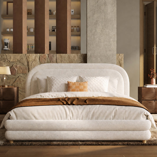 Neutral Minimal Curved Arch Dome Cloud Boucle Queen Bed Frame