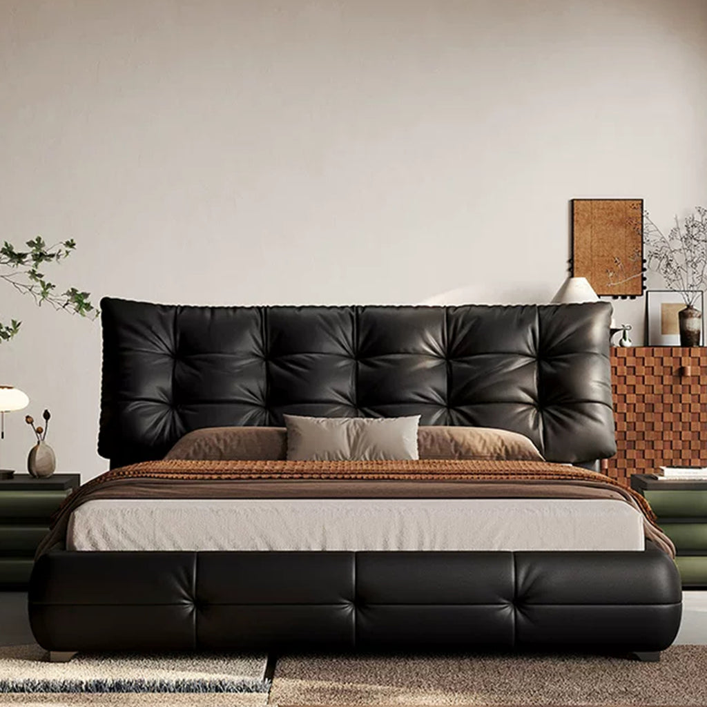 Modern Faux Leather Queen Size Platform Bed, Black Upholstered Platform Bed Frame with Sturdy Wood Slats Support, Noise-Free, Easy Assembly