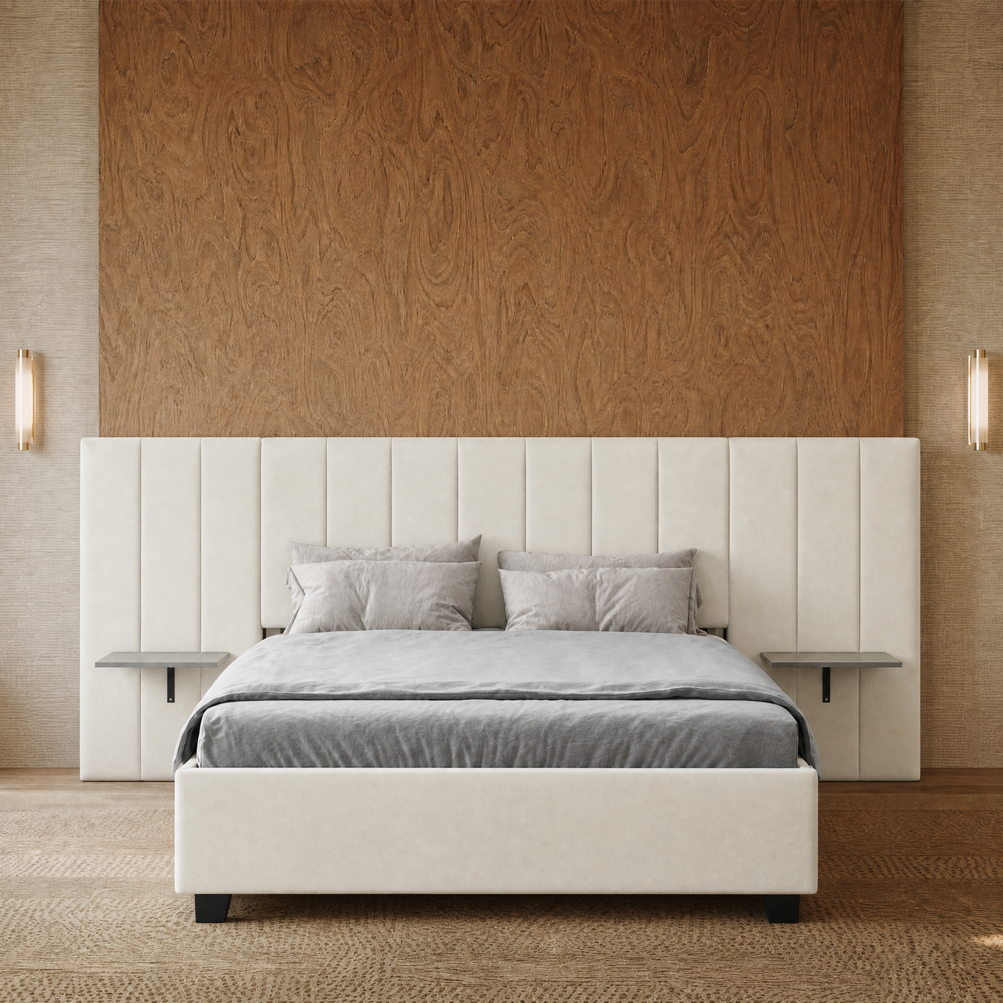 Channel Tufted Wall Mount Bed with Detachable Floating Side Shelves