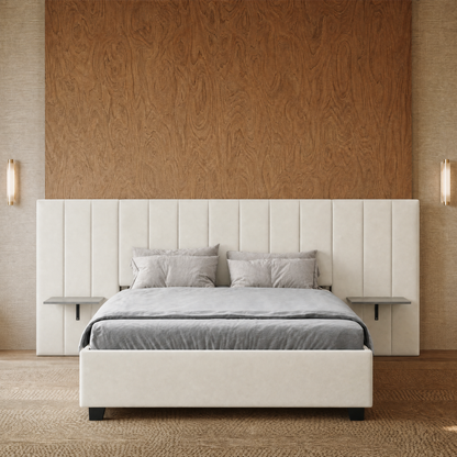 Channel Tufted Wall Mount Bed with Detachable Floating Side Shelves