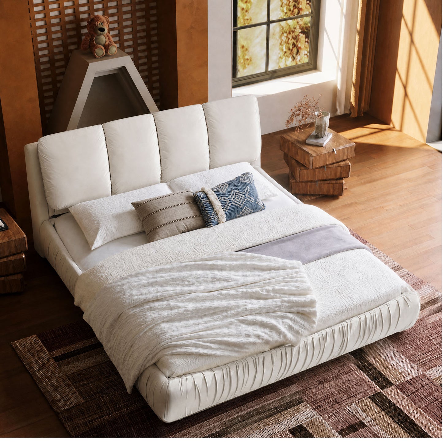Low Profile Cloud Chenille Bed Non-Slip Slats Wabi-Sabi Apartment Skin-Safe Assembly