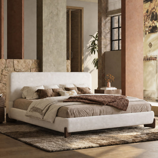 Queen Size Boucle Cloud-Feel Bed Frame,  Solid Wood Legs