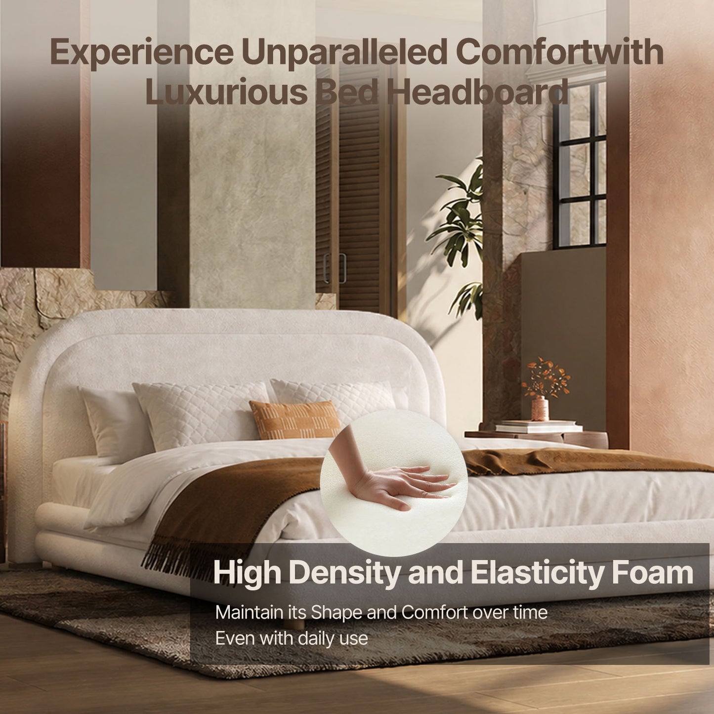 Neutral Minimal Curved Arch Dome Cloud Boucle Queen Bed Frame