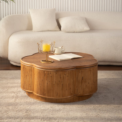Plum-Blossom Flip-Top Rattan Storage Round Coffee Table