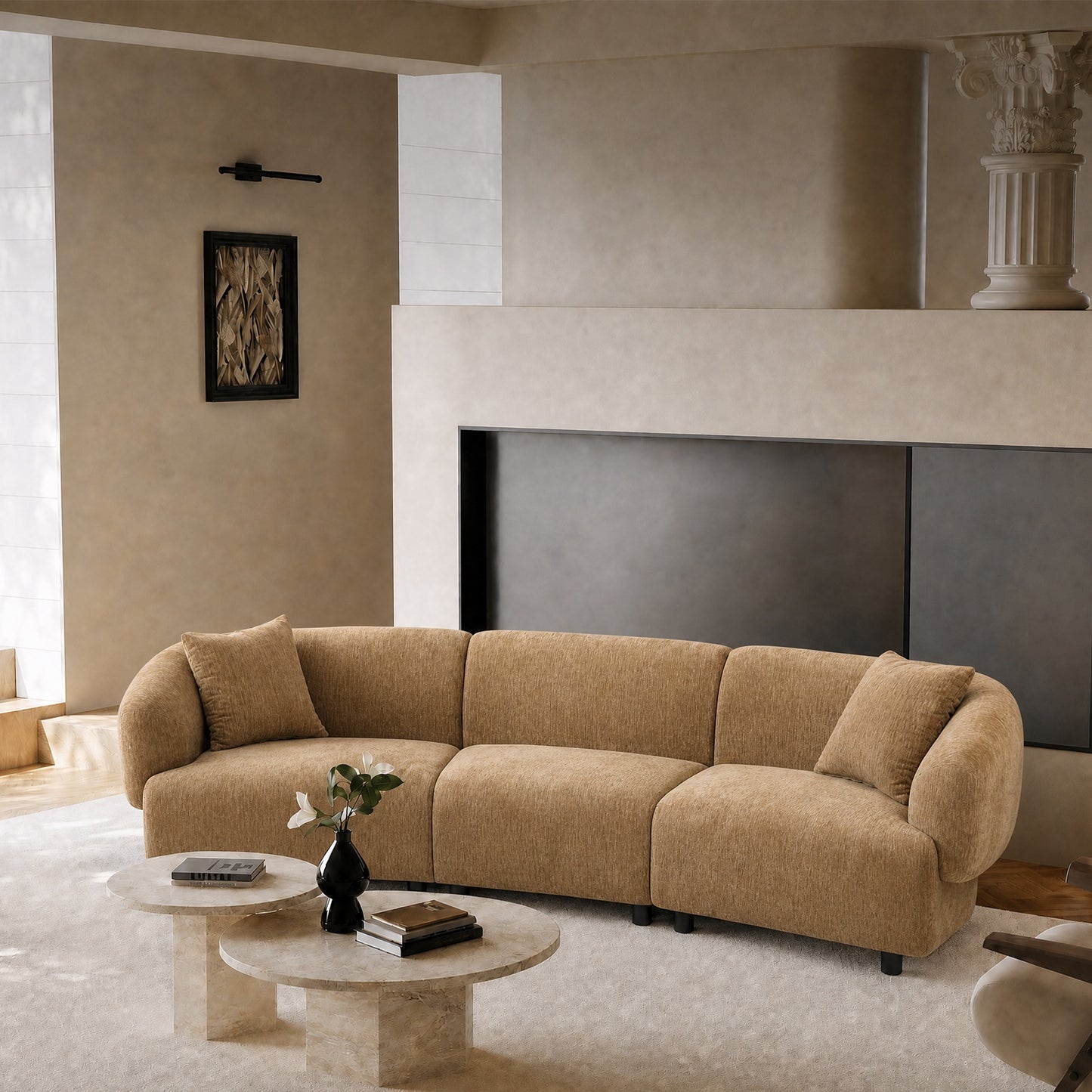 98.5-inch modular three-seater sofa - with two throw pillows, solid wood frame, capable of supporting 2000 pounds, brown color scheme
