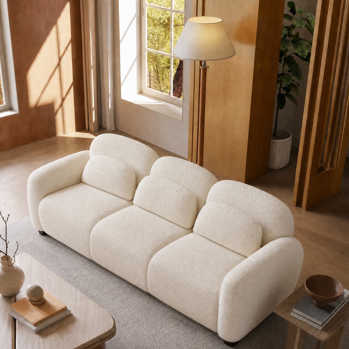 78-Inch White Cloud Three-Seater Sofa, Thickly Padded Backrest with Curved Armrests in Bouclé Fabric, 2000 lbs Capacity, Simple Style for Living Rooms and Minimalist Apartments