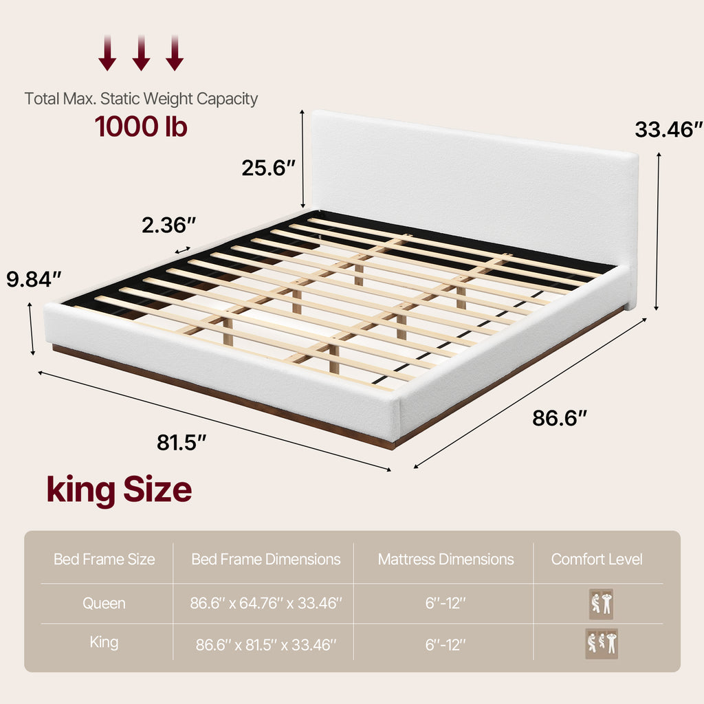 Modern Cloud-Feel Bed– Queen Size, Platform Bed with Soft Thick Headboard,Block White Fabric Upholstered Bed with Nice Wood Grain Textured Solid Wood Base Frame