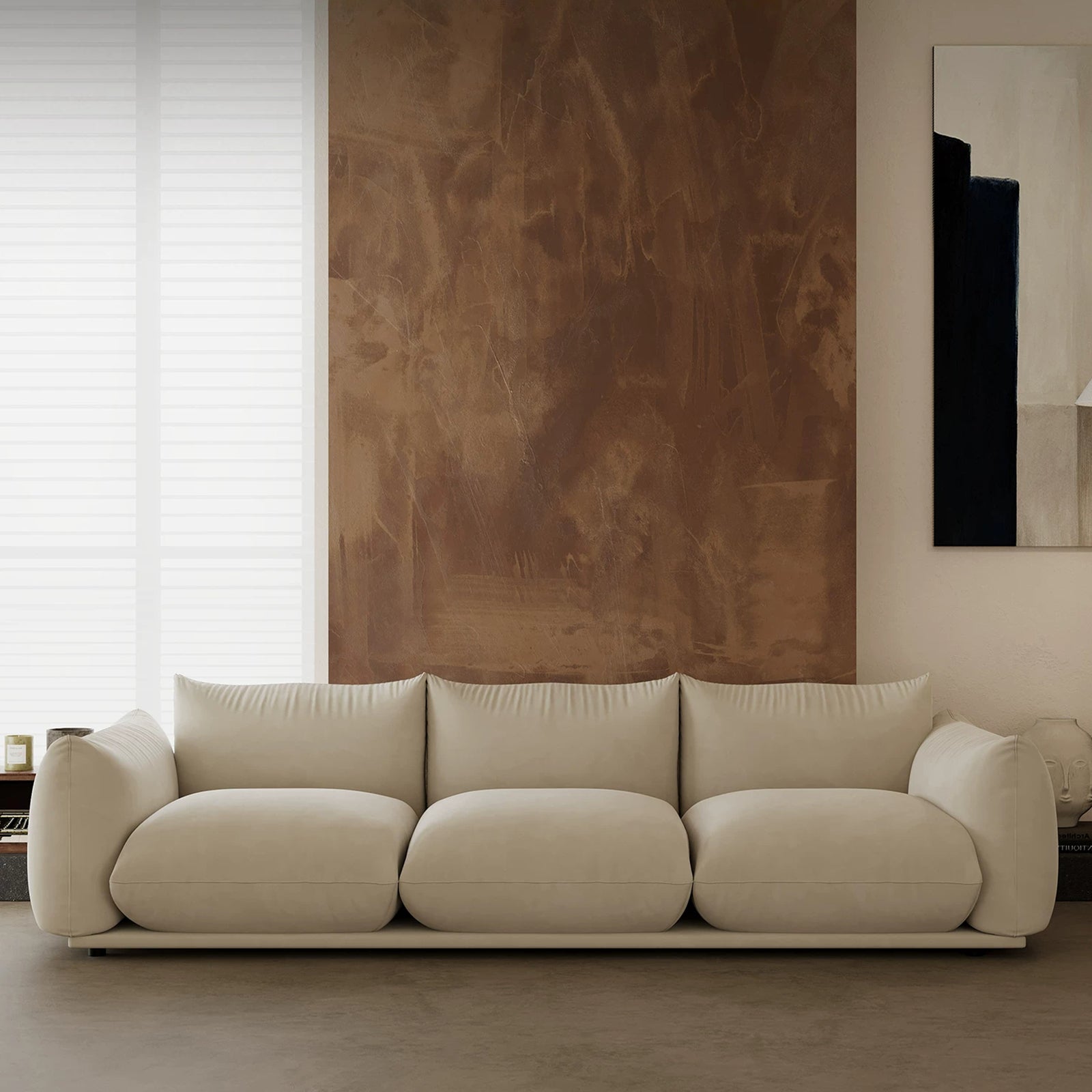 110.24" Large Sofa for Living Room, Cream Cloud-Feel Couch, Mid Century Modern 3 Seater Upholstered Couch, Minimalist Comfy Sofa, Solid Wood Frame Living Room Furniture