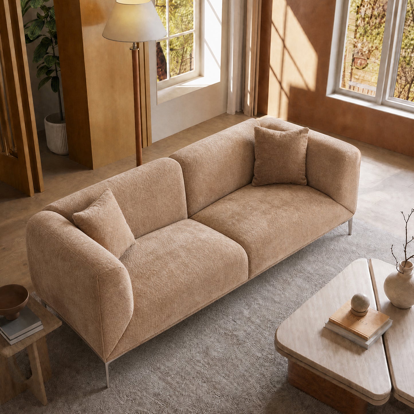 82.68-inch brown corduroy modular 2-seater sofa, modern armchair fabric sofa, with leg supports and cushions, with a load capacity of 2000 pounds, sturdy and durable, minimalist design, suitable for living rooms and apartments