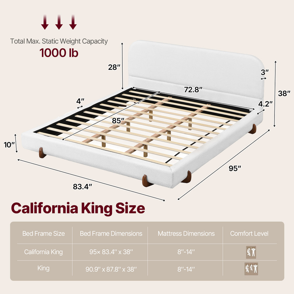Cloud-Feel Bed– King Size, White Upholstered Platform Bed Frame with Soft Headboard & Wood Solid Legs, for Bedroom Apartment