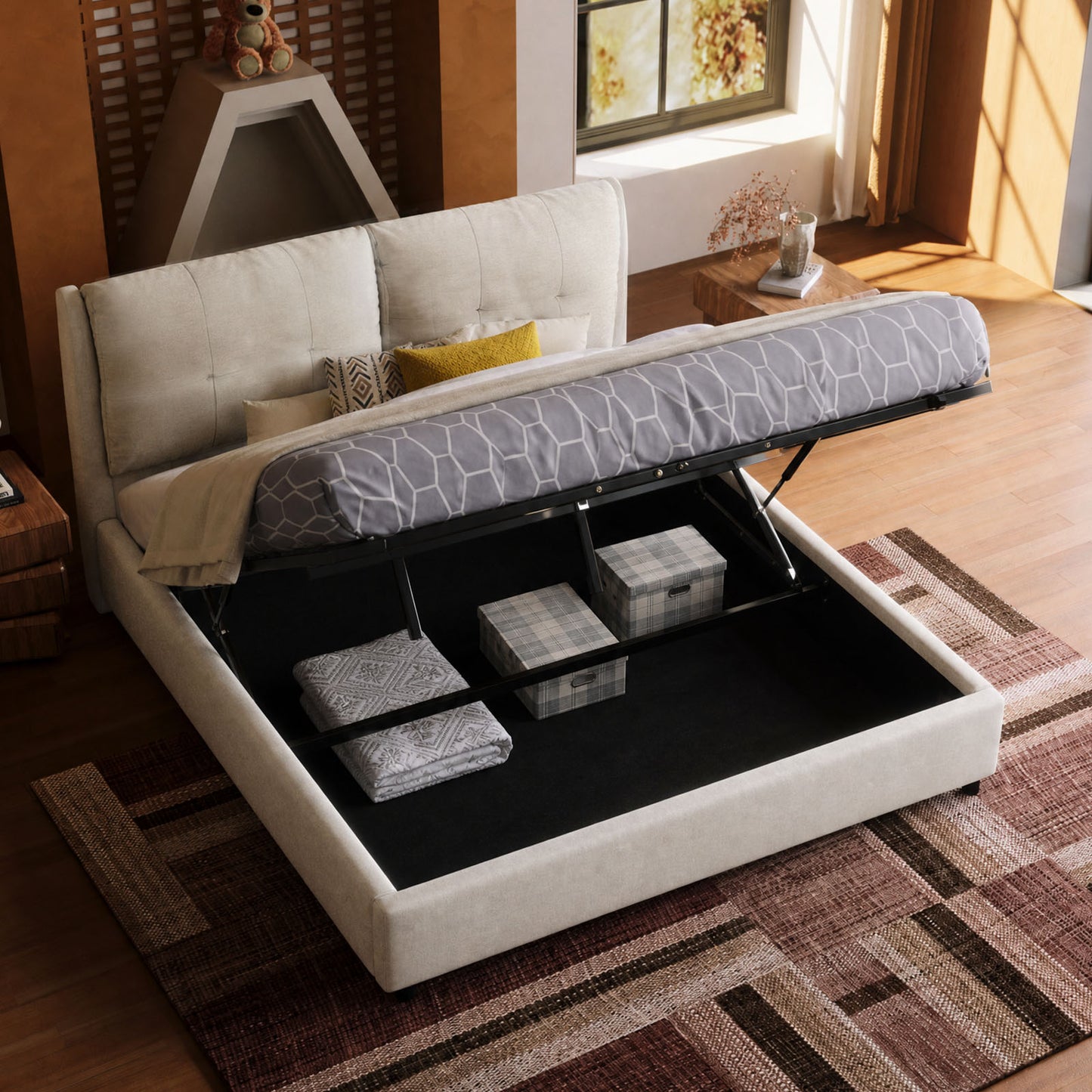 Light Vintage Storage Upholstered Bed with Safe Cushioned Hydraulic Bracket
