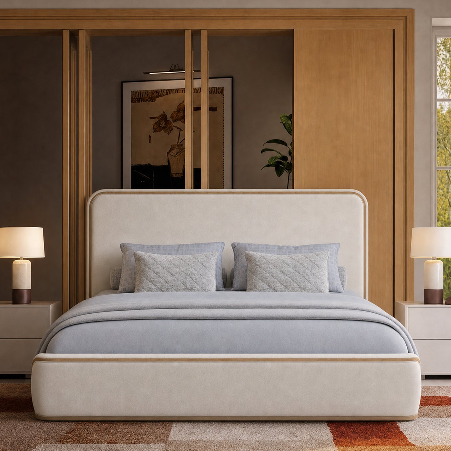 Rounded Gold-Trim Texture Fabric High-Weight Platform Bed