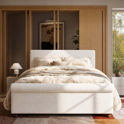 Boucle Fabric Curved Sleigh Bed Frame Queen,beige