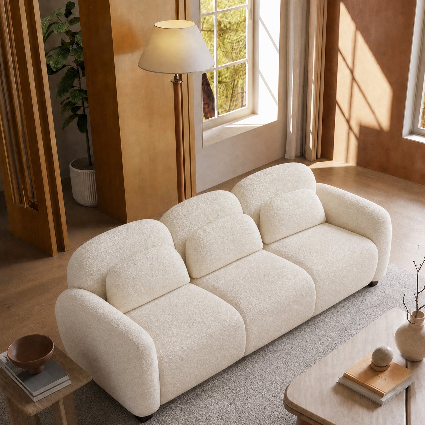 78-inch white cloud three-seater sofa, thickly padded backrest with curved armrests in sheepskin fabric, with a load capacity of 2000 pounds, a simple style fabric sofa, suitable for living rooms and minimalist-style apartments