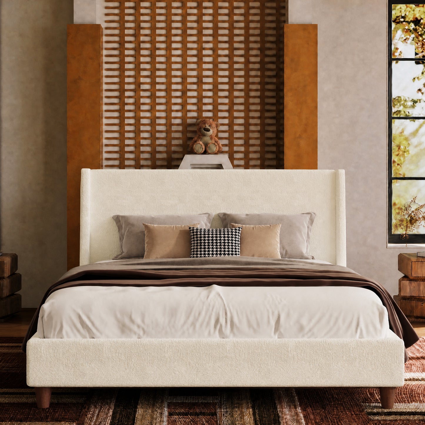 Queen Boucle Cloud Upholstered Bed Base,beige