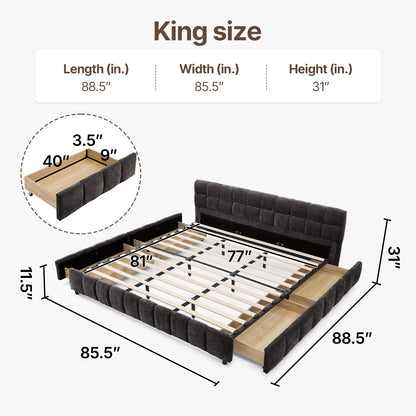 Queen Size Modern Cloud-Feel Bed Frame,With four drawers,Multi Color Beige/Green/Grey/Pink
