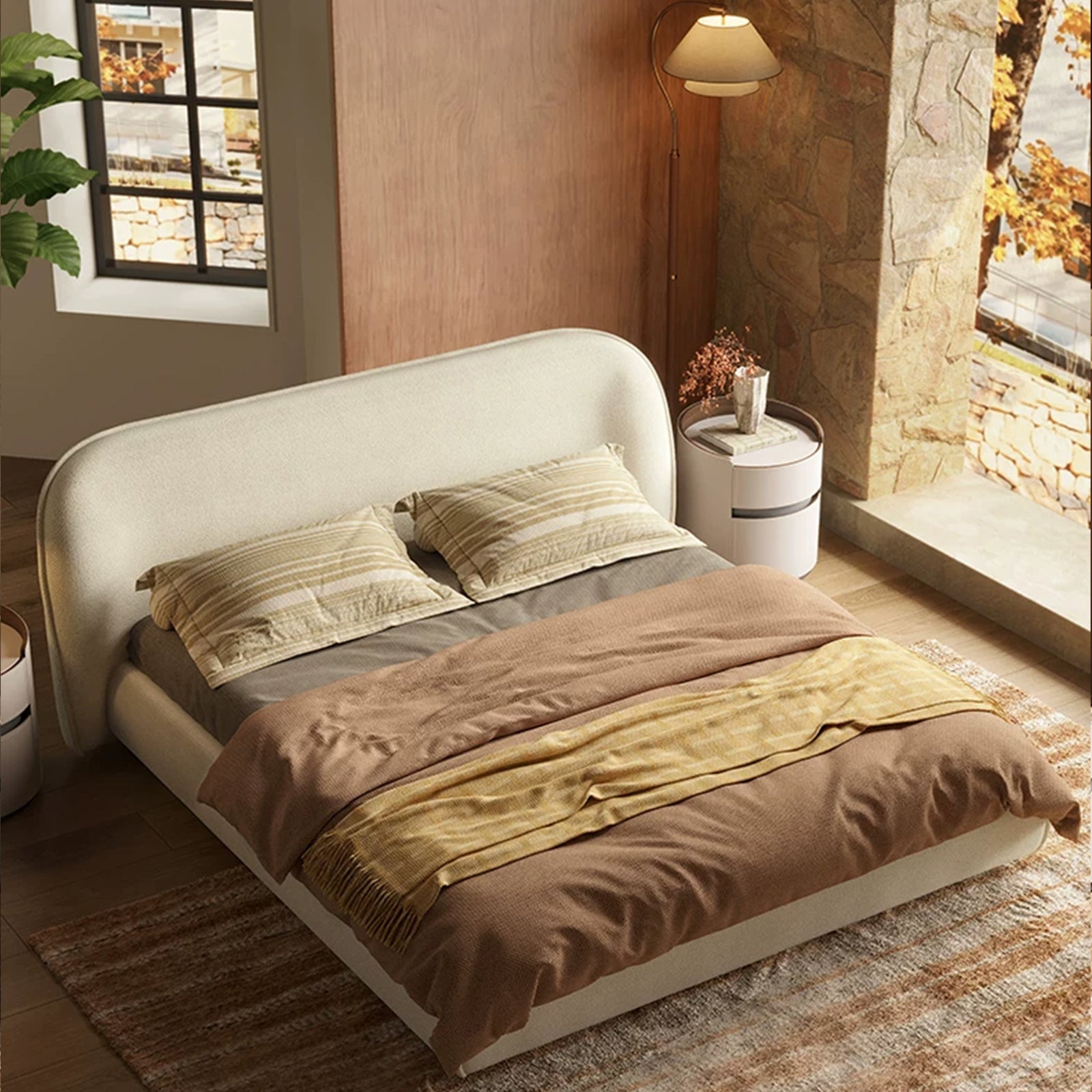 Cloud-Feel Bed Frame and Headboard, Upholstered Soft King Size Bed Frame with Round Edges, Linen Platform Bed for Apartments & Master Rooms & Guest Rooms, No Box Spring Needed,Beige