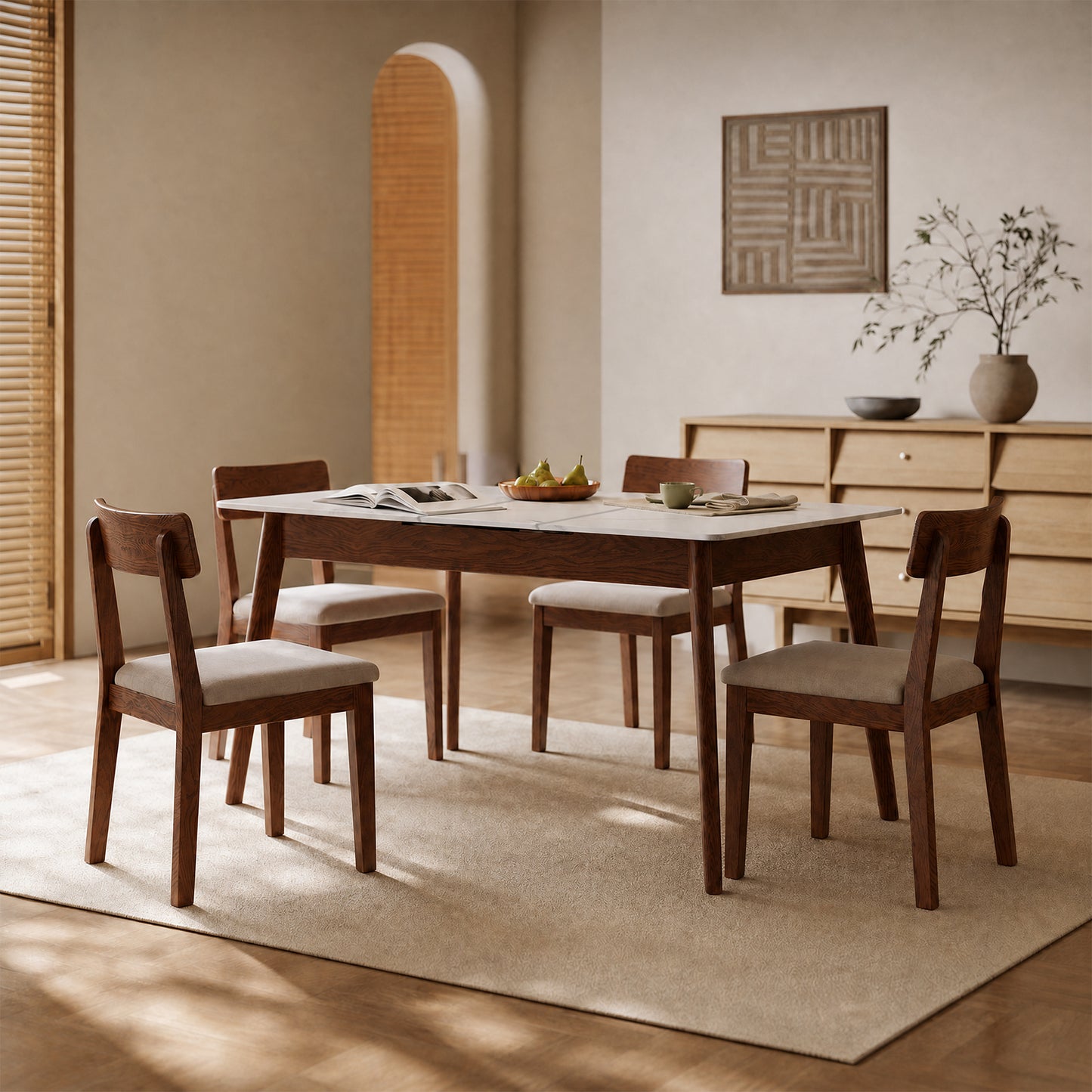 Walnut solid oak and white slate round corner diagonal leg telescopic table 59.6inch