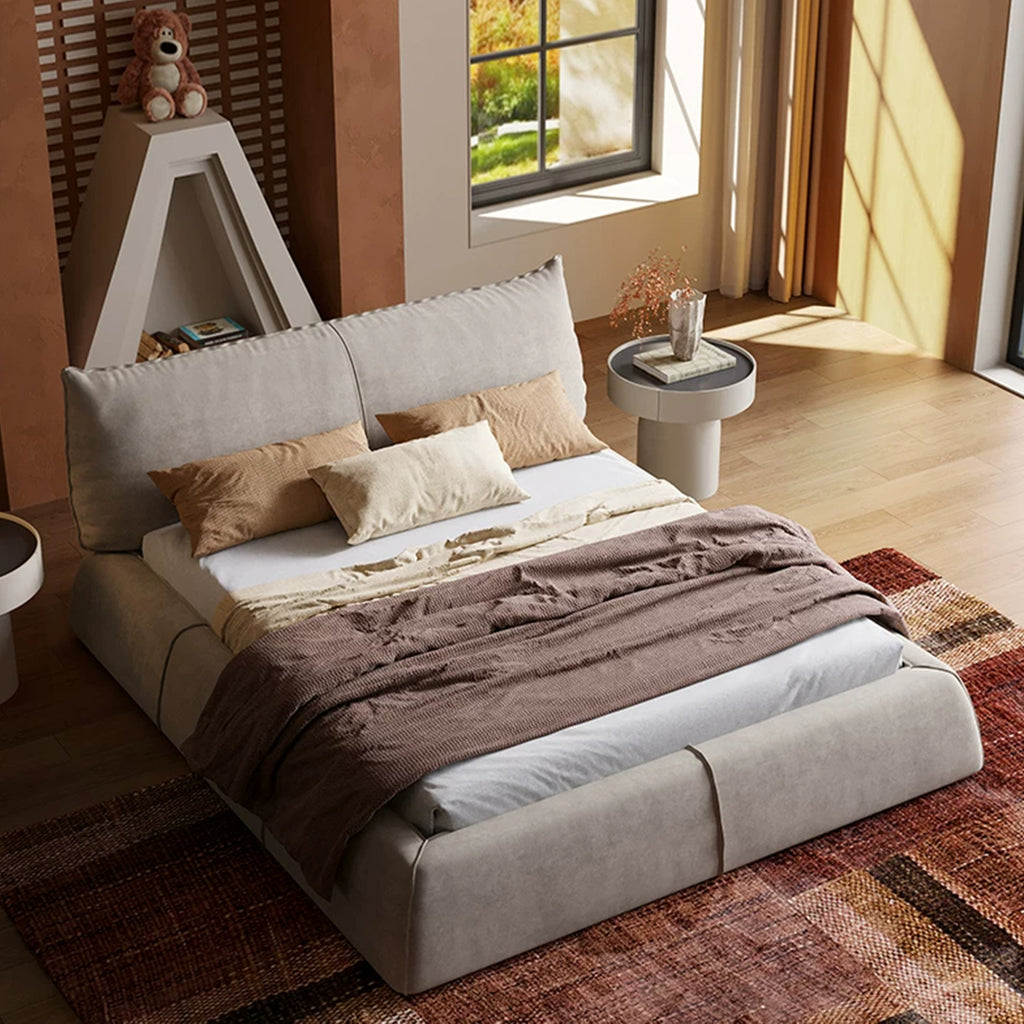 Queen Size Upholstered Bed Frame, Minimalist Low-Profile Floor Bed with Oversized Soft Headboard, Modern Mid-Century Linen Platform Bed, No Box Spring Needed, Beige