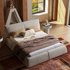 Queen Size Upholstered Bed Frame, Minimalist Low-Profile Floor Bed with Oversized Soft Headboard, Modern Mid-Century Linen Platform Bed, No Box Spring Needed, Beige