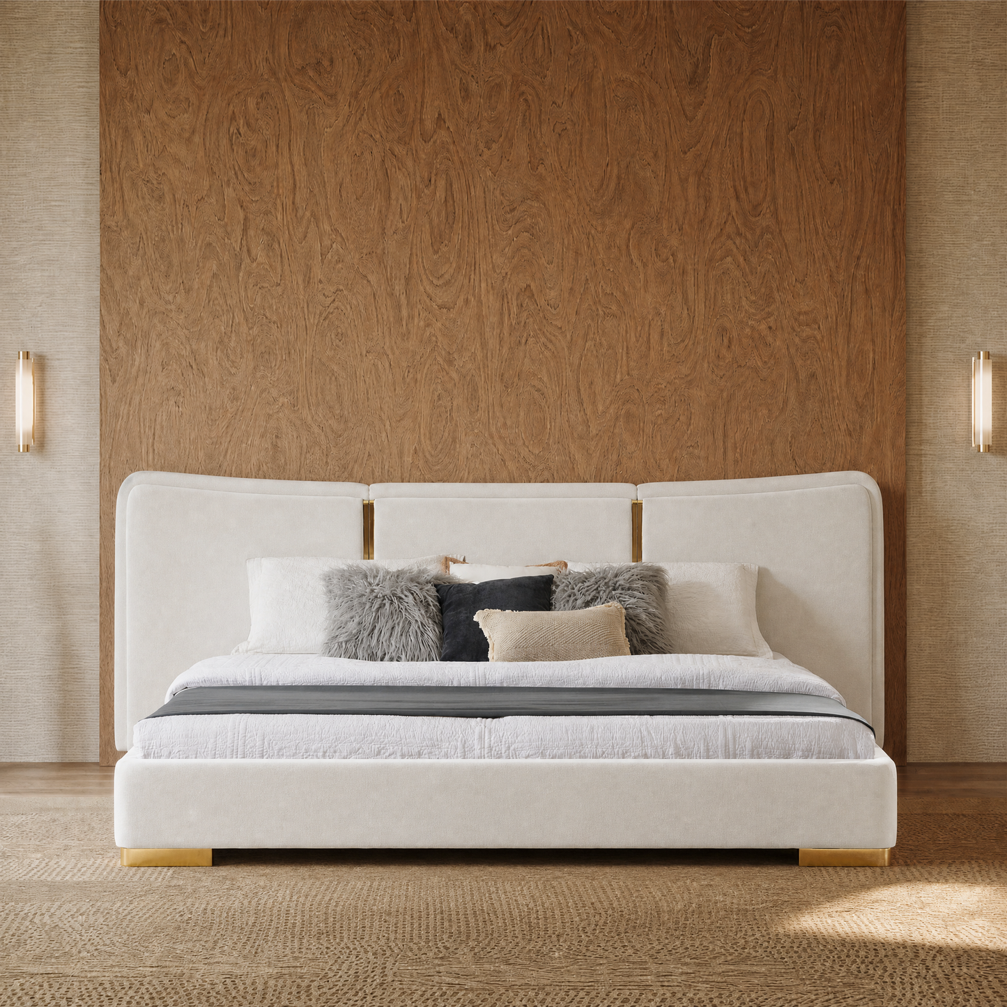 3-Panel Curved Platform Bed Gold Strips Low Profile Wood Slats Luxury Assembly