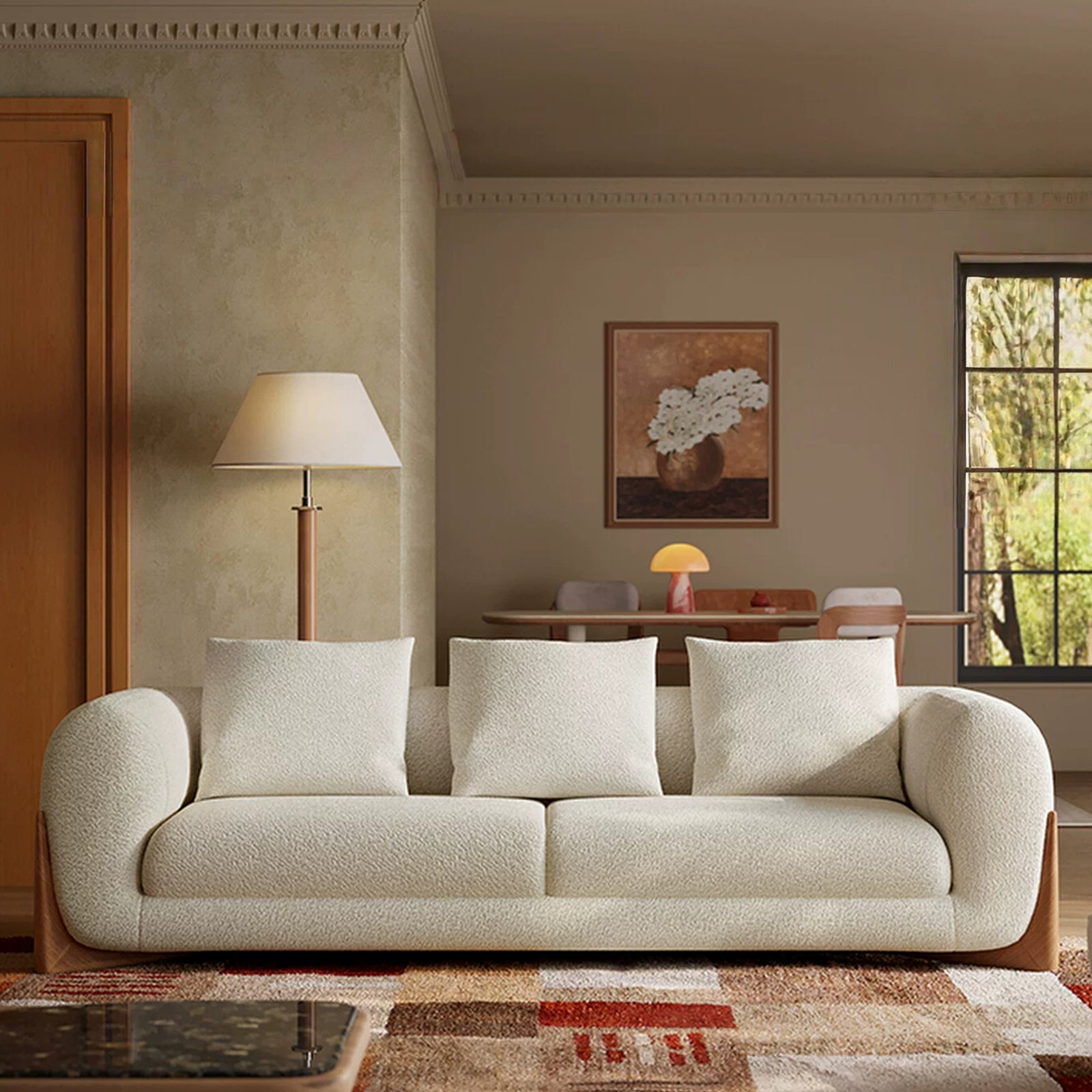 86-Inch Cloud-Feel Boucle Sofa, Modern Upholstered Cloud Couch Durable Comfy Boucle Sofa Deep Seat with Wooden Leg & Pillow Sofas, 3 Seater Couches for Living Room, Bedroom, Apartment, Beige