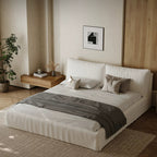 Queen Size Linen Bed Frame, Upholstered Platform Bed with Thick Removable Headboard & Rounded Corners, No Box Spring Needed, Easy Assembly, White