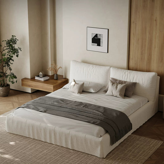 Queen Size Linen Bed Frame, Upholstered Platform Bed
