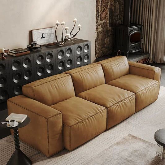 air Leather 3 Piece Sofa in Camel - Faux Leather 3 Seater Couch - Comfy Mid Century Modern Sofa