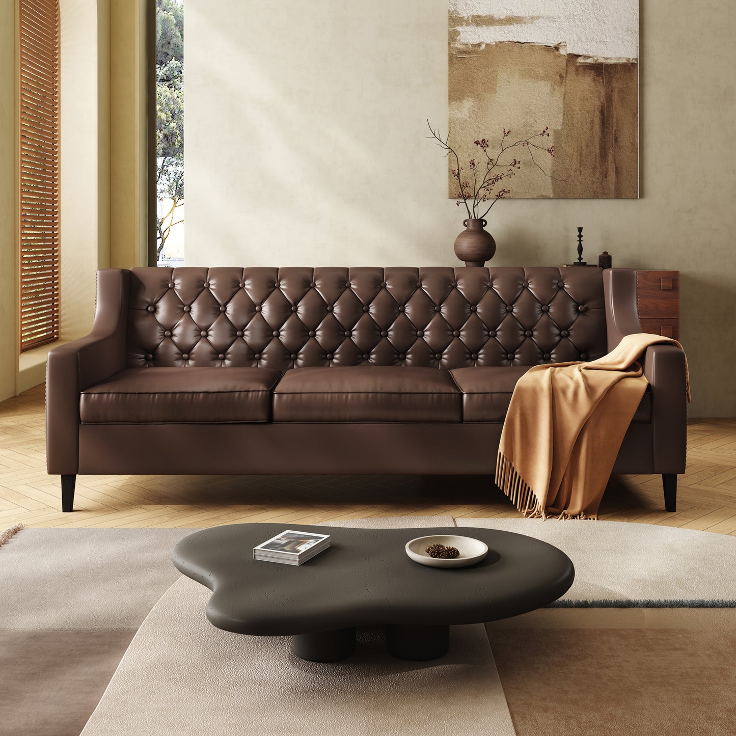 78.75" W Faux Leather Sofa, Button-Tufted 3-Seater Sofa, Mid Century Modern Vintage Brown Leather couches