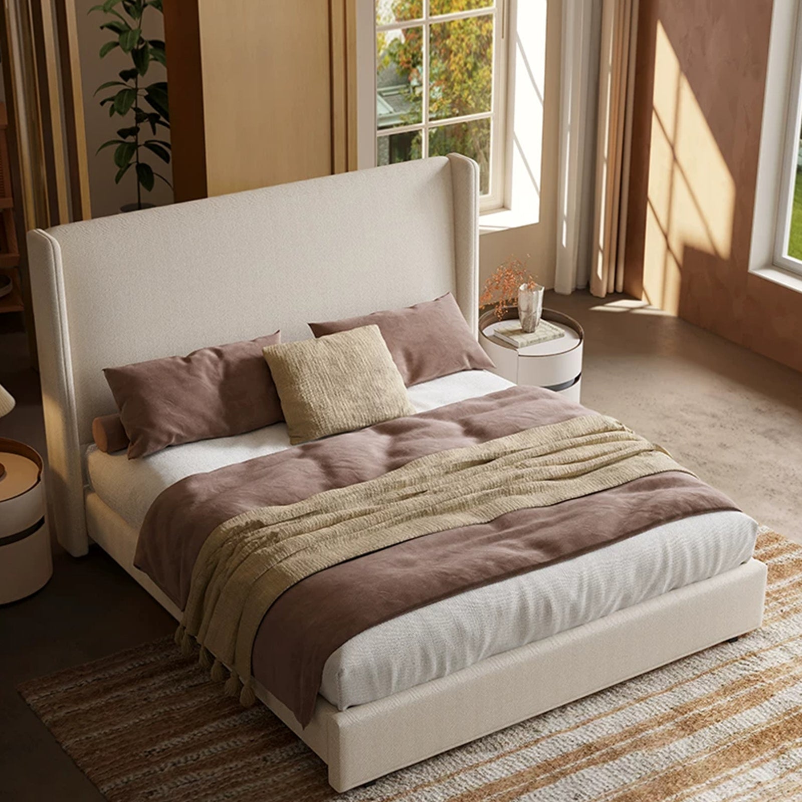 Queen Size Bed Frame with 47.24'' Extra Tall Wingback Headboard, Low Profile Grounded Upholstered Platform Bed Frame, Squeak-Free, Easy Assembly, No Box Spring Needed, Beige