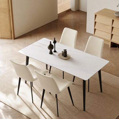 63 Inch Sintered Stone Dining Table, Gloss White Top with Carbon Steel Legs