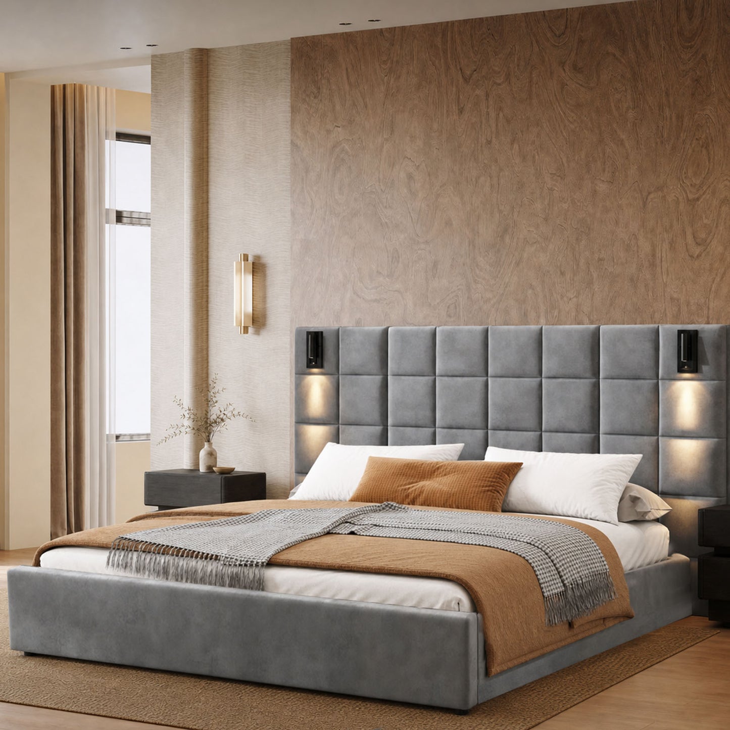 USB-Light Tufted Grey Velvet Upholstered Queen Bed