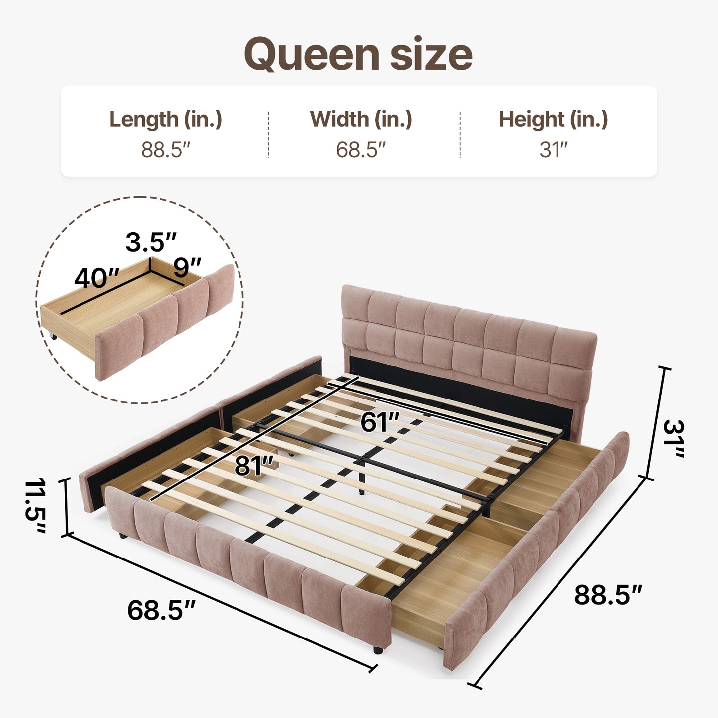 Queen Size Modern Cloud-Feel Bed Frame,With four drawers,Multi Color Beige/Green/Grey/Pink