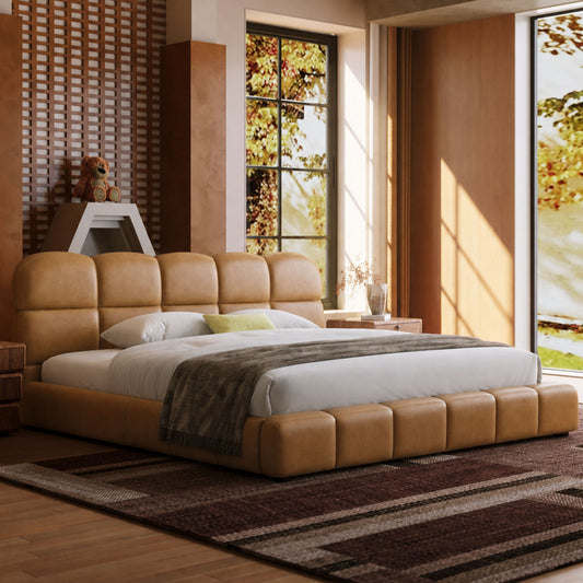 Biscuit-Tufted Caramel Faux Leather High-Weight Bed
