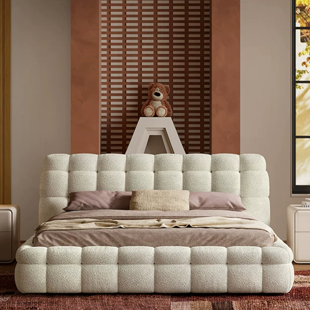 Queen Size Boucle Bed Frame, Modern Cloud-Feel Bed with Tufted Headboard, White Teddy Fleece Upholstered Platform Bed, No Box Spring Needed
