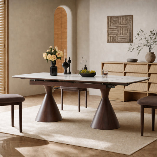 Extendable Stone-Top Dining Table: Walnut Tapered Legs with White Marble-Patterned Tabletop