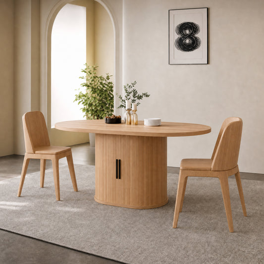 59 Inch Oval Dining Table  with 2-Layer Storage Shelf and Wood Slide Door