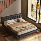 Queen Size Black Faux Leather Bed Frame, Minimalist Floating Platform Bed, Modern Luxury Tufted Upholstered Bed with Low Profile Headboard, No Box Spring Needed