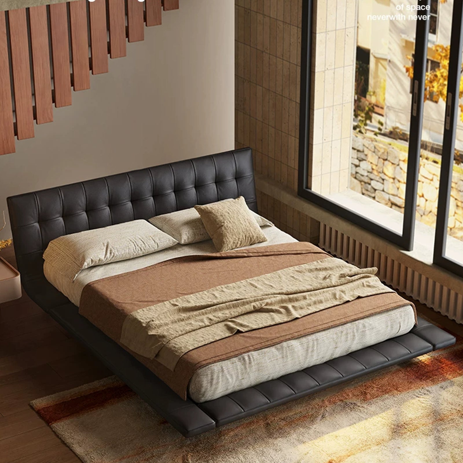 Queen Size Black Faux Leather Bed Frame, Minimalist Floating Platform Bed, Modern Luxury Tufted Upholstered Bed with Low Profile Headboard, No Box Spring Needed