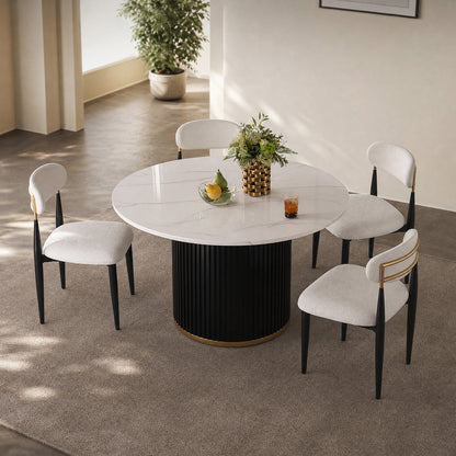 46 Inch Round Faux Marble Dining Table, Black Wave Metal Base with Gold Decoration - Accommodates 4 People for Kitchen & Dining Room